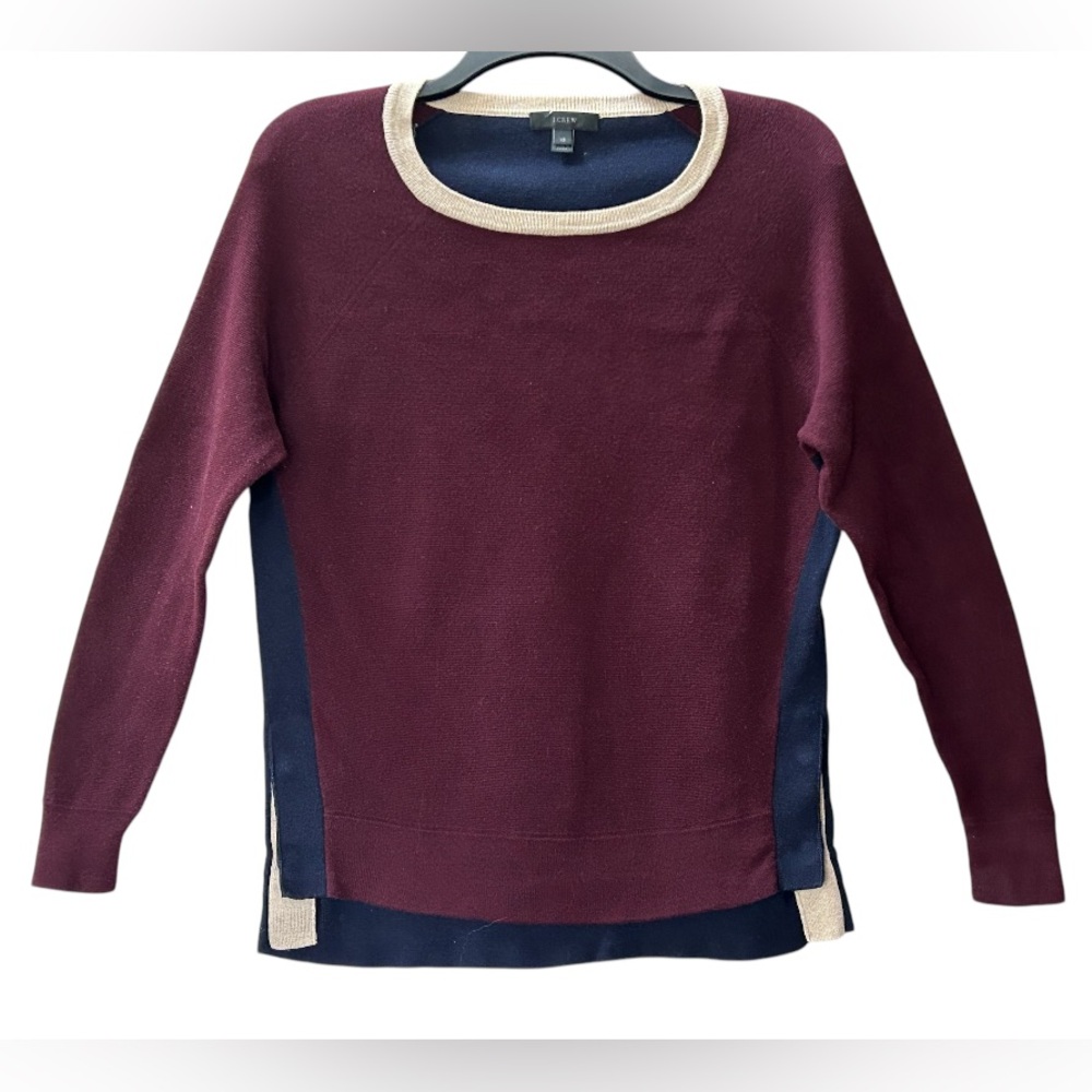 J. Crew Colorblock Crewneck Hi Low Sweater Maroon Tan Navy Size XS - Picture 2 of 10